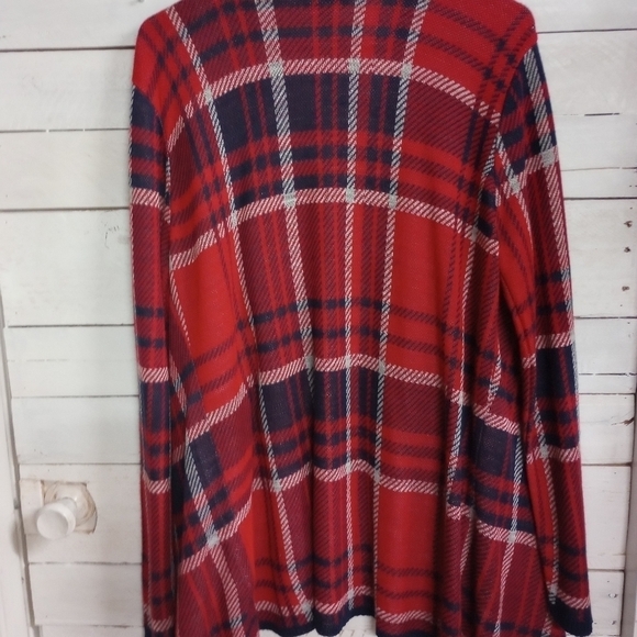 Say What 2X Cardigan Red Blue Plaid Contrast Trim Open Front Long Sleeve Stretch - Picture 9 of 11